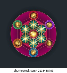 Metatron's Cube,  Flower of Life. Gold Sacred geometry. Mystic colorful icon platonic solids Merkabah, abstract geometric drawing, crop circles sign. Graphic logo element Vector isolated on black 