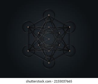 Metatronen Cube, Blume des Lebens. Gold Heilige Geometrie. Mystische Ikone platonische Feststoffe Merkabah, abstraktes geometrisches metallisches Design, Schnittkreise Zeichen. Grafiklogo-Element Vektor einzeln auf Schwarz 