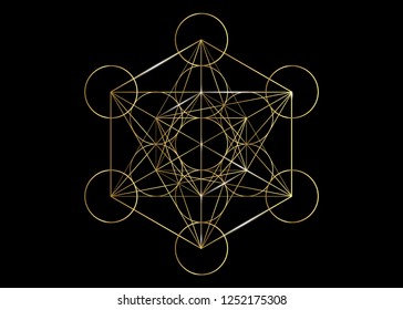 Metatrons Cube,  Flower of Life. Golden Sacred geometry, graphic element Vector isolated Illustration or black background. Mystic gold icon platonic solids, abstract geometric drawing,  crop circles