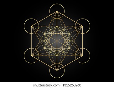 Cubo Metatrones, Flor de vida. Geometría sagrada dorada, elemento gráfico Vector aislado Ilustración o fondo negro. Icono de oro místico sólidos platónicos, dibujo geométrico abstracto, círculos de cultivo