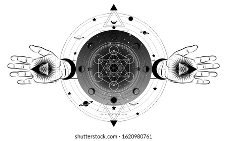 Metatrons Cube,  Flower of Life, Sacred geometry, third eye with hand esoteric spiritual icon and the moon phases. Masonic symbol eye inside triple moon pagan Wicca moon goddess icon isolated on white