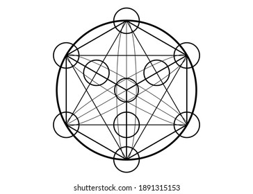 Metatrons Cube,  Flower of Life. Sacred geometry, graphic element magic hexagram. Vector isolated Illustration. Mystic icon platonic solids, abstract geometric drawing, typical crop circles on white