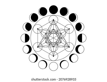 Metatronen Cube, Blume des Lebens. Heilige Geometrie, Mondphasen, geometrische Elemente. Mystische Ikone platonische Feststoffe, abstrakte geometrische Zeichnung, Schnittkreise. Vektorgrafik einzeln auf weißem Hintergrund