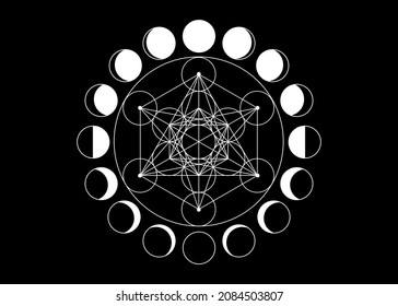 Metatrons Cube, Flower of Life. Sacred geometry, Moon Phases, geometric elements. Mystic icon platonic solids, abstract geometric drawing, crop circles. Vector isolated on black background