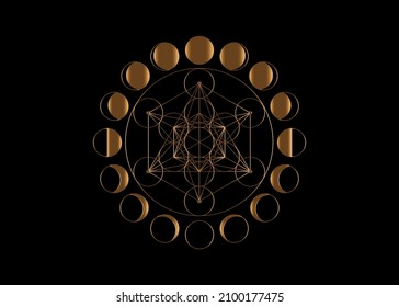 Metatrons Cube, Flower of Life. Sacred geometry, Moon Phases, geometric elements. Gold Mystic icon platonic solids, abstract geometric drawing, crop circles. Vector isolated on black background