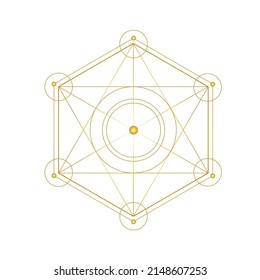 Metatron`s cube from Flower of life, sacred geometry, gold symbol isolated on white background. Cosmic energies.