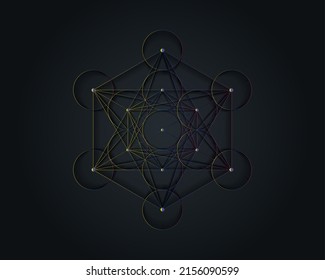 Metatrons Cube, Flower of Life. Sacred geometry. Mystic icon platonic solids Merkabah, abstract geometric colorful gradient design, crop circles sign. Graphic logo element Vector isolated  on black