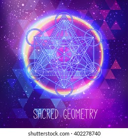 Metatrons Cube,  Flower of life. Sacred geometry abstract background. Good design for textile t-shirt print, flyer and poster background. Futuristic vector illustration in bright neon colors. 