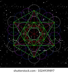 Metatrons Cube - Flower of Life. Vector Illustration. Colorful ancient sacred geometric.