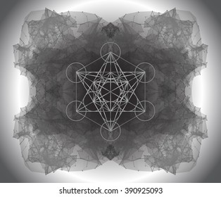 Metatrons Cube - Flower of Life. Vector Illustration. Wire frame mesh polygonal element. Abstract form with connected lines and dots. Polygonal background, sacred design, dot clusters triangle