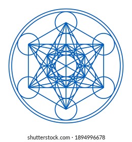 Metatrons Cube framed in two circles. Mystical symbol, derived from the Flower of Life. Thirteen circles are connected with straight lines. Sacred Geometry. Illustration over white background. Vector.