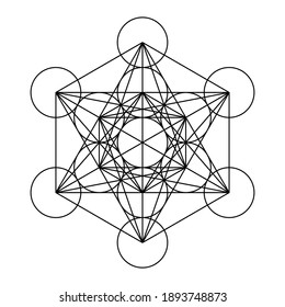 Metatrons Cube, a mystical symbol, derived from the Flower of Life. All thirteen circles are connected with straight lines. Sacred Geometry. Black lines over white background. Illustration. Vector.