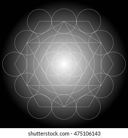 Metatrons Cube, Platonic Solids, Flower of life. Hipster sacred geometry tattoo. Polyhedron polygon triangle rectangle hexagon, circle, six-pointed star, geometric mathematical forms