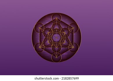 Metatronen Cube, Sacred Geometry, Blume des Lebens, Luxus-Logo Gold. Symbol der Harmonie und des Gleichgewichts, goldenes geometrisches Ornament, Vektorgrafik einzeln auf violettem Hintergrund