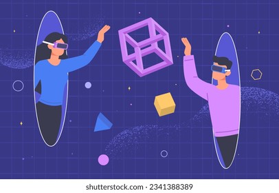 Metauniverse vr glasses . Man and woman in portals next to volumetric geometric figures. Modern technologies and innovations concept. Metaverse and cyberspace. Cartoon flat vector illustration