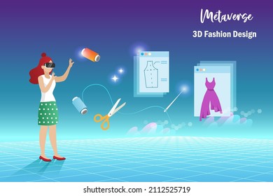 Metaverse for 3D fashion design in virtual reality environment. Woman wear VR goggle glass working on 3D tailored made experience on virtual space simulation. 