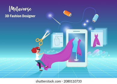 Metaverse For 3D Fashion Designer In Virtual Reality Environment. Woman Wear VR Goggle Glass Working On 3D Tailored Made Experience On Smart Phone Screen Device.