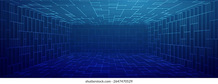 Fundo de grade 3d metaverso com cubo wireframe e perspectiva infinita. Conceito de ciberespaço futurista com rede de malha digital e textura holográfica. Estrutura de vetor roxo azul para design vr.