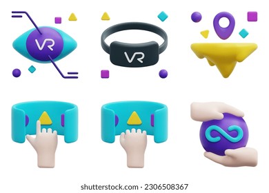 Juego de iconos de vector 3d de metaverse. Visión, vasos vr, tierra, interacción, vr, infinito. Aislado sobre fondo blanco. Ilustración del vector de icono 3d.