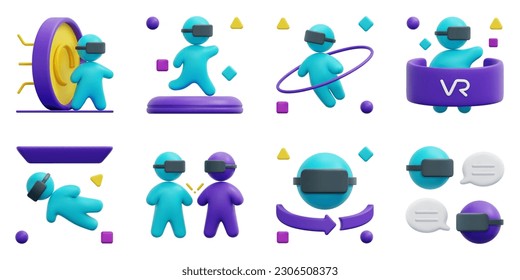 Metaverse 3d vector icon set. Chat, cyberspace, meeting, running, space, virtual reality, virtual space, vr. Isolated on white background. 3d icon vector render illustration.