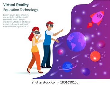Metaverse, 3D virtual reality experience. Students wear VR glasses learning VR environment of space and universes. Education and futuristic technology concept.