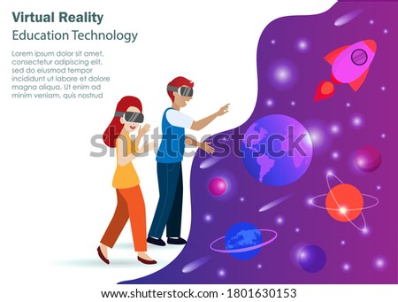 Metaverse, 3D virtual reality experience. Students wear VR glasses learning VR environment of space and universes. Education and futuristic technology concept.