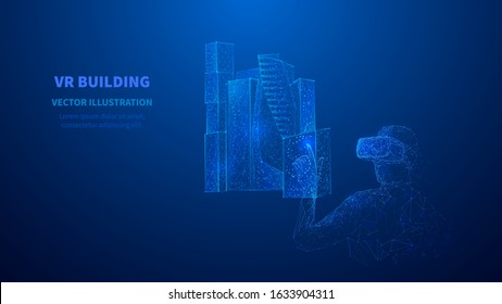 Metaverse. Abstract 3D polygonal Man in VR device touching on technology city visual projection with skyscrapers. Blue low poly wireframe digital innovation architecture concept with polygons.