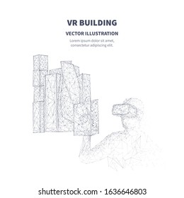 Metaverse. Abstract 3D polygonal Man in VR device touching on technology city visual projection with skyscrapers. Isolated low poly wireframe digital innovation architecture concept with polygons