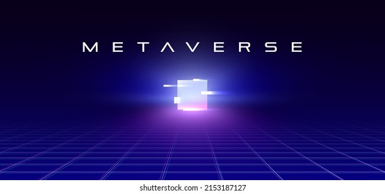 Metaverse abstract background with colorful glowing square on the horizon, perspective laser glitchy grid with bright gradient square, virtual cyber space, future technology concept. Vector