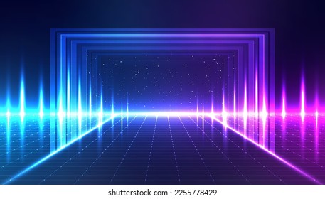 Metaverse abstract background concept. Perspective laser grid. Future technology. Digital science fiction matrix background. 