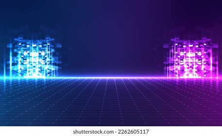 Metaverse abstract background concept. Perspective laser grid. Future technology. Digital science fiction matrix background. 