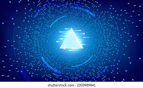 Metaverse abstract background with glowing glitch triangle in the center, perspective tunnel, virtual cyber space. Vector