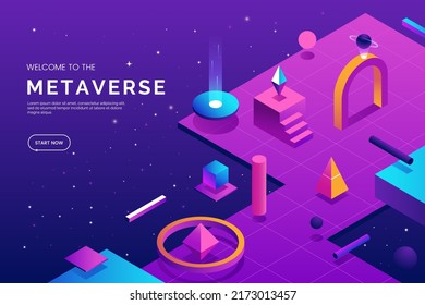 Metaverse abstract isometric illustration  Isometric digital world and fantasy geometric shapes   objects in gradient neon colors  Cyberspace concept  Web page template  Vector illustration 