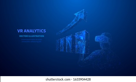 Metaverse. Abstract polygonal 3D man in VR device touching virtual blue model of chart and arrow up. Low poly wireframe business or science analysis digital concept. Polygons