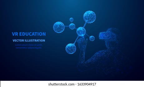 Metaverse. Abstract polygonal 3D man in VR device touching virtual blue model of molecule. Low poly wireframe science, education or medicine digital concept. Polygons and connected dots