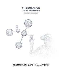 Metaverse. Abstract polygonal 3D man in VR device touching virtual model of molecule. Low poly wireframe science, education or medicine digital concept. Polygons and connected dots on white 