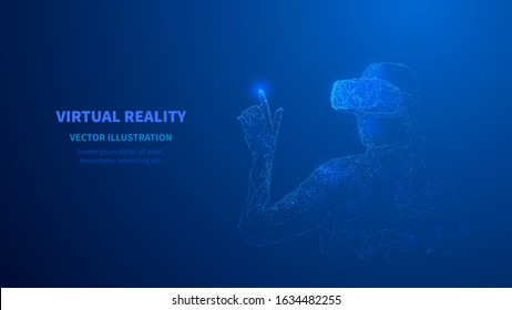 Metaverse. Abstract VR headset or glasses on polygonal young man. Digital technology concept of virtual reality. VR device or gadget as low poly wireframe vector illustration. Blue polygons art