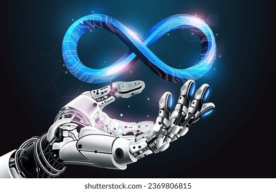 Metaverse AI technology on Artificial intelligence robot hand and Virtual space with Infinity Symbol, Futuristic AI technology concept, vector illustration
