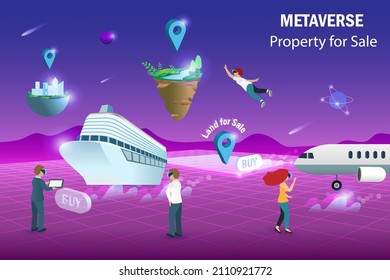 Avión Metaverse, crucero y tierra en venta, inmobiliaria virtual y tecnología de inversión inmobiliaria.  Empresario compra propiedades a la venta en el ciberespacio metaverso entorno futurista