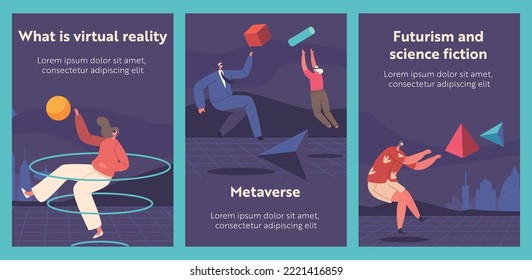 Metaverse Augmented Reality Cartoon Banners. People Wear Vr Glasses And Headset Connected To Virtual Reality Space. Characters Immersion Into Cyberspace Digital Platform. Vector Illustration, Posters