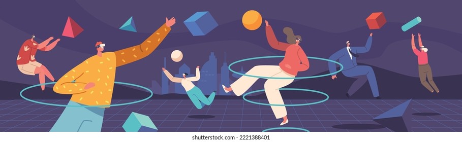 Metaverse Augmented Reality Concept. People Wear Vr Glasses And Headset Connected To Virtual Reality Space. Characters Immersion Into Cyberspace Digital Platform. Cartoon People Vector Illustration