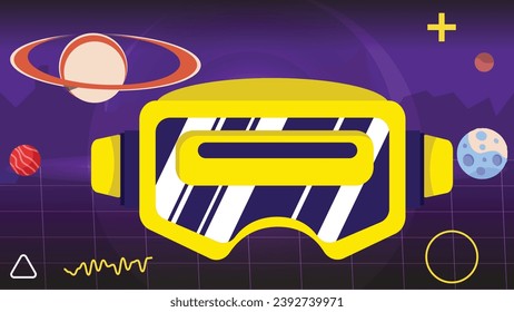 metaverse background with figure outer elements, VR virtual reality glasses future concept, flat cartoon vector illustration