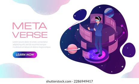 Metaverse banner concept. Man in vr glasses looks at graphs and diagrams. Virtual and augmented reality, cyberspace. Landing page design. Innovation and sci fi. Cartoon flat vector illustration