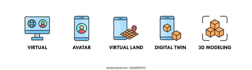 Metaverse banner web icon illustration concept with icon of virtual, avatar, virtual land, digital twin, and 3d modeling