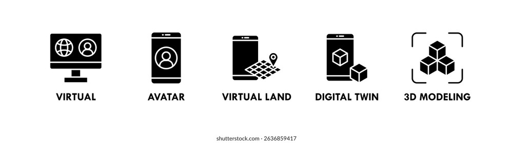 Metaverse banner web icon illustration concept with icon of virtual, avatar, virtual land, digital twin, and 3d modeling