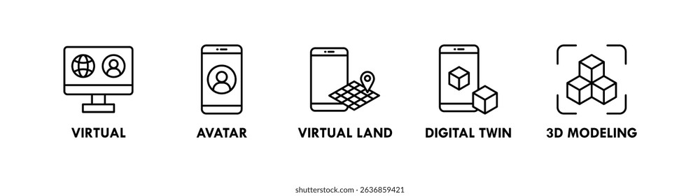 Metaverse banner web icon illustration concept with icon of virtual, avatar, virtual land, digital twin, and 3d modeling