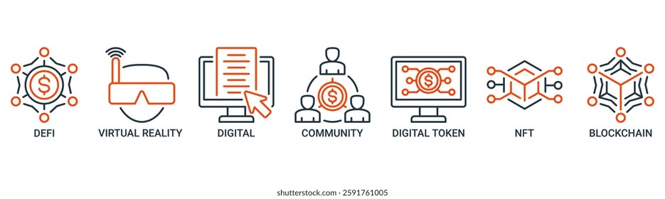 Metaverse banner web icon set vector illustration concept with icon of defi, virtual reality, digital asset, community, digital token, nft, blockchain and ecosystem icons. Outline vector symbol.