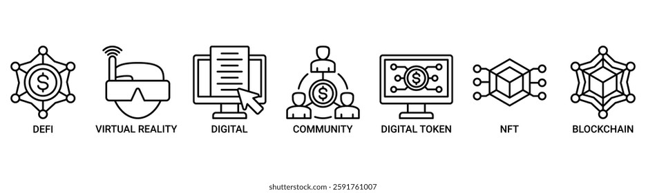 Metaverse banner web icon set vector illustration concept with icon of defi, virtual reality, digital asset, community, digital token, nft, blockchain and ecosystem icons. Outline vector symbol.