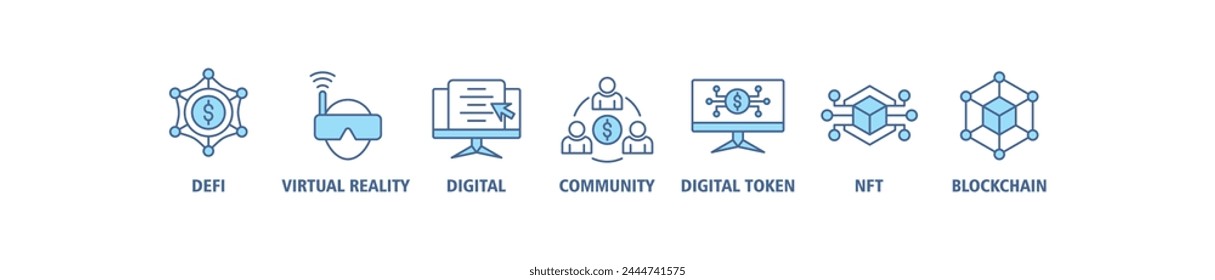 Metaverse banner web icon vector illustration concept with icon of defi, virtual reality, digital asset, community, digital token, nft, blockchain and ecosystem