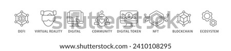 Metaverse banner web icon vector illustration concept with icon of defi, virtual reality, digital asset, community, digital token, nft, blockchain and ecosystem